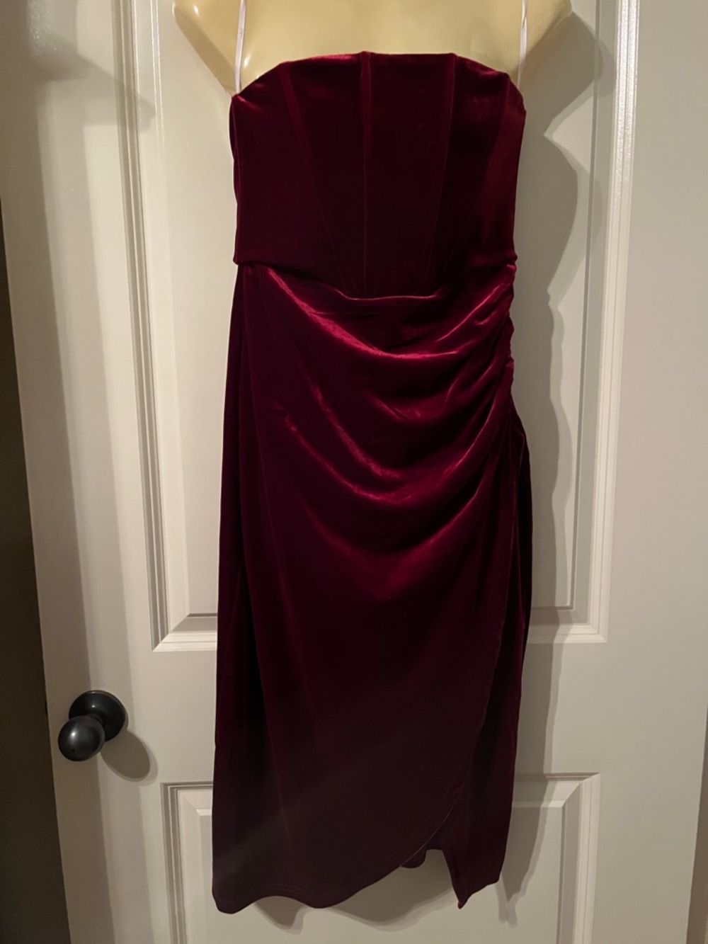 Strapless Velveteen Wrap Midi Dress in Deep Burgundy, size small